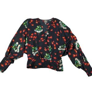 ASOS  Wrap Blouse Black Floral Print Long Puff‎ Sleeve V Neck Cinched Waist Top
